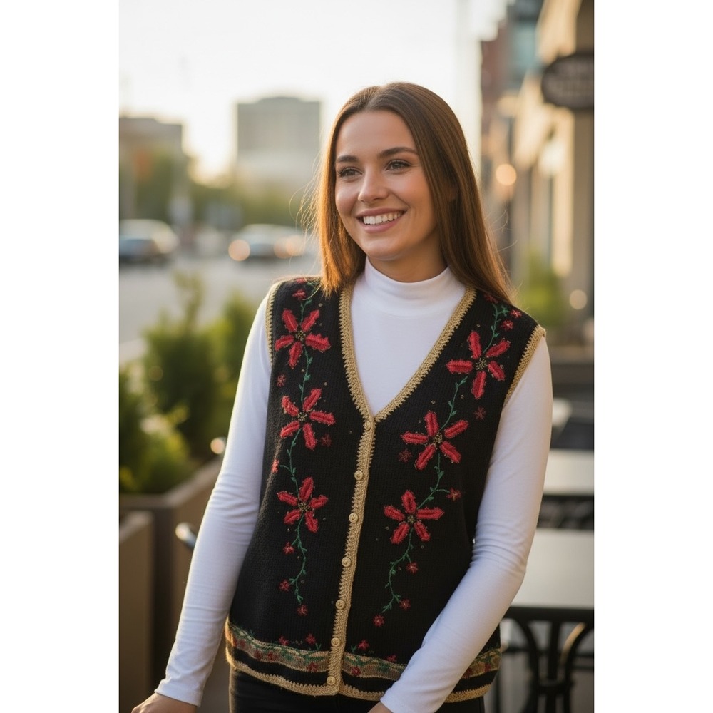 90s‎ C.B. Career Knitted Christmas Vest Embroidered Red Poinsettia Flowers Sz 1X